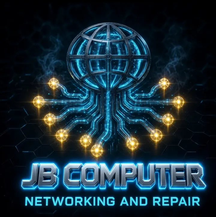JB Computer Networking and Repair logo: a glowing network globe with circuit lines